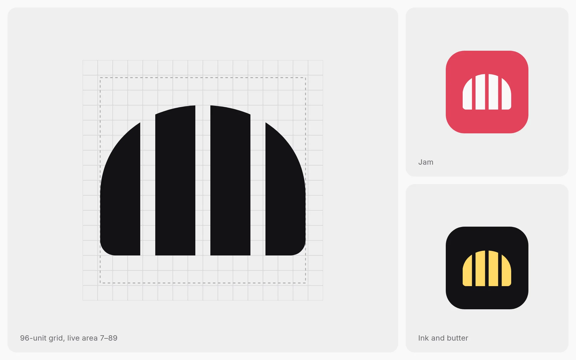 The bread mark drawn on a 96-unit grid, beside two app icons: white on jam red, and butter yellow on black.