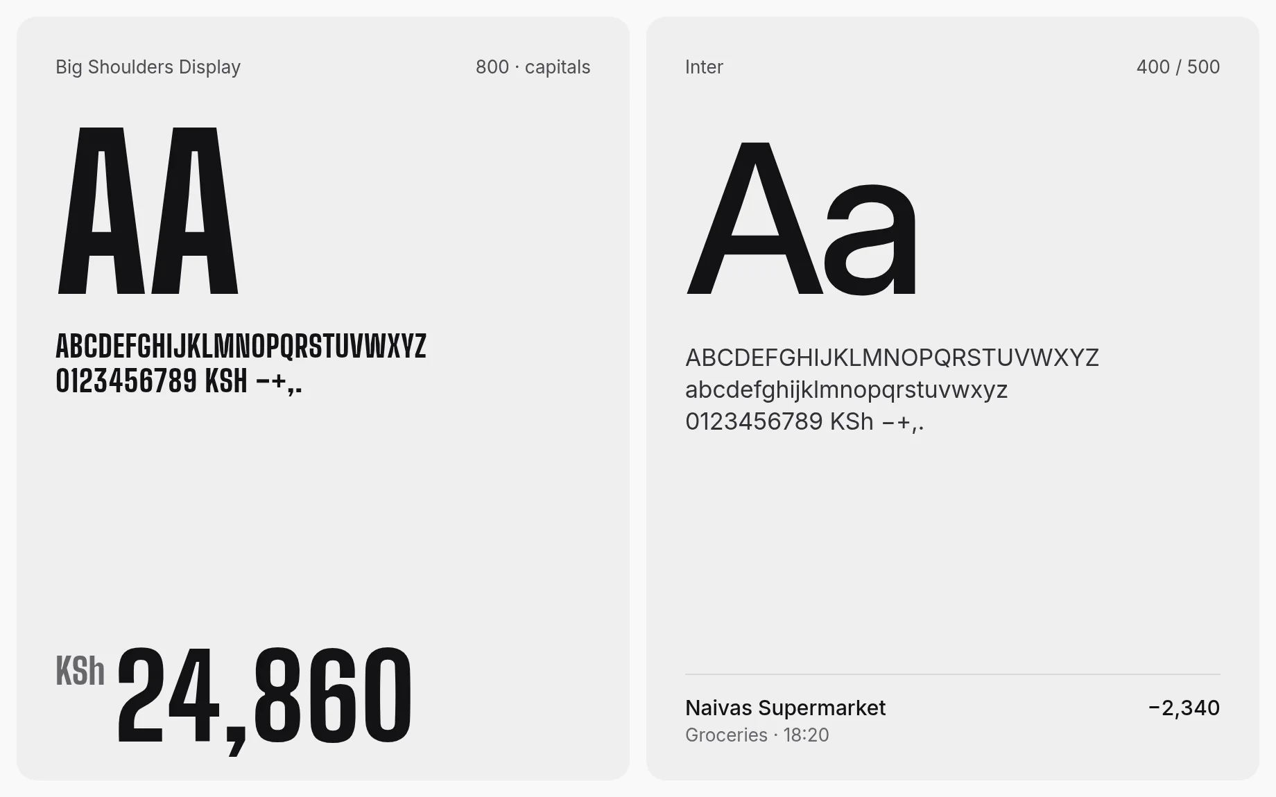 Type specimens: Big Shoulders Display capitals with the amount KSh 24,860, and Inter with a grocery transaction row.