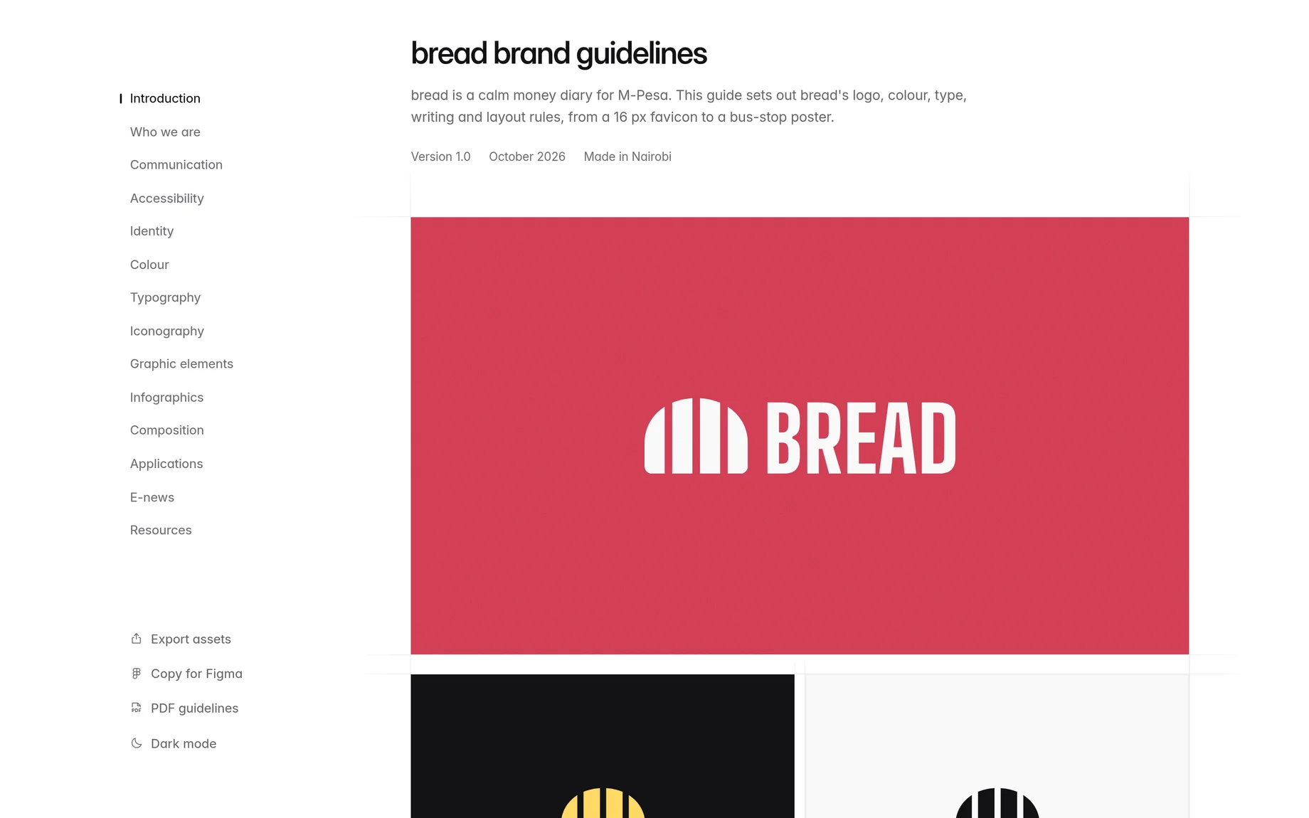 The bread brand guidelines website, with a section menu on the left and the logo in white on a red panel.