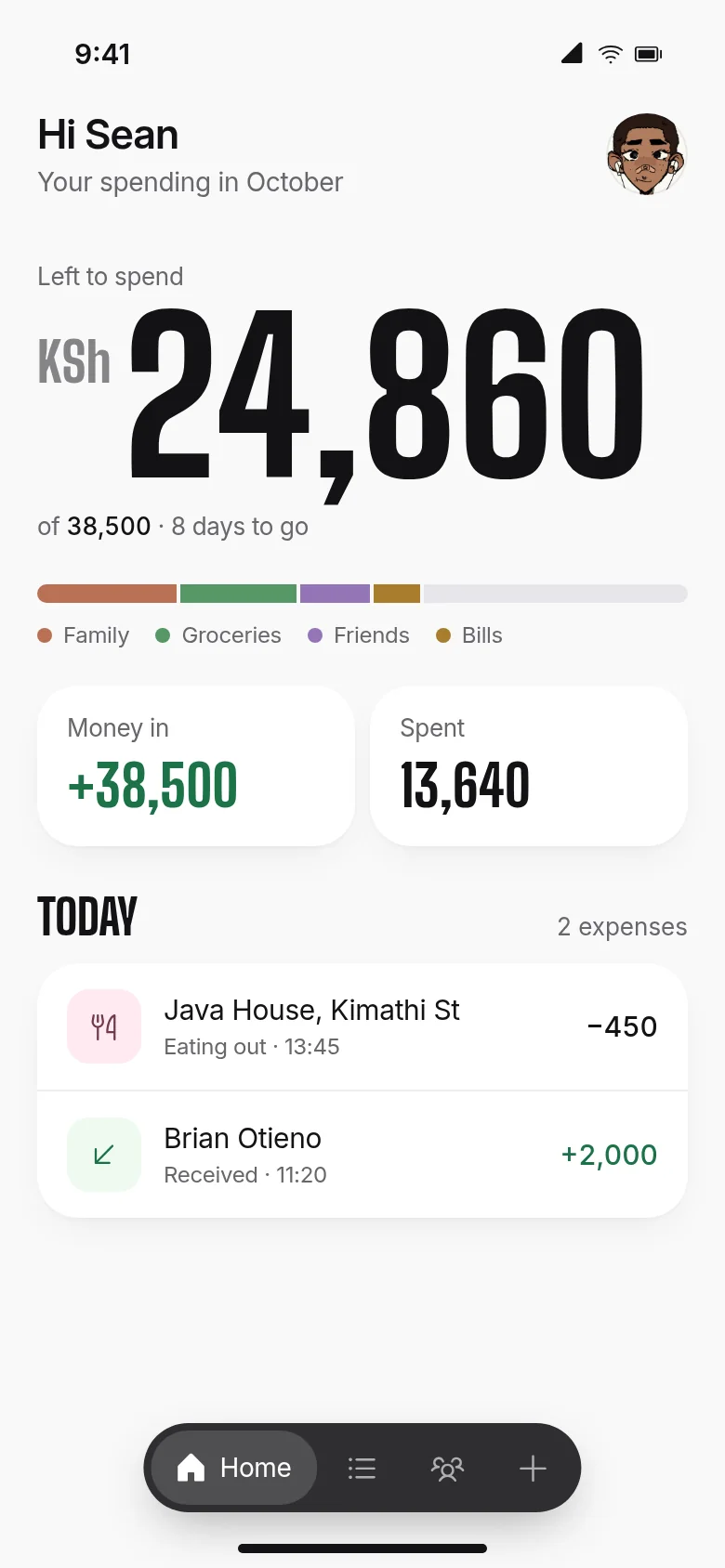 The home screen in the light theme: Hi Sean, KSh 24,860 left to spend, a spending bar by category and today's transactions.