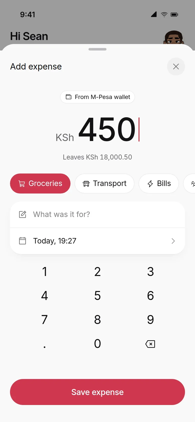 The add expense sheet in the light theme, with KSh 450 entered, Groceries selected, a note field and a number keypad.
