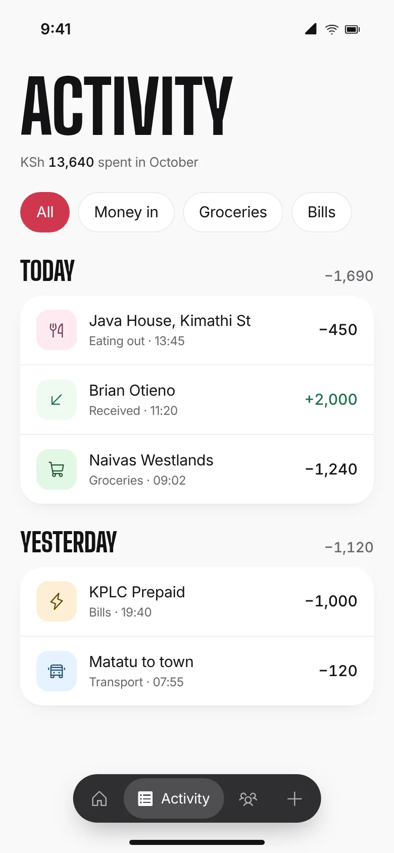 The activity screen in the light theme, with KSh 13,640 spent in October, category filters and transactions by day.
