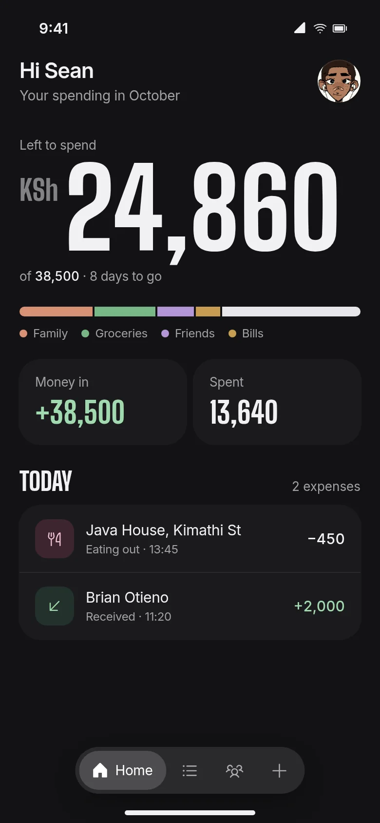 The home screen in the dark theme: Hi Sean, KSh 24,860 left to spend, a spending bar by category and today's transactions.