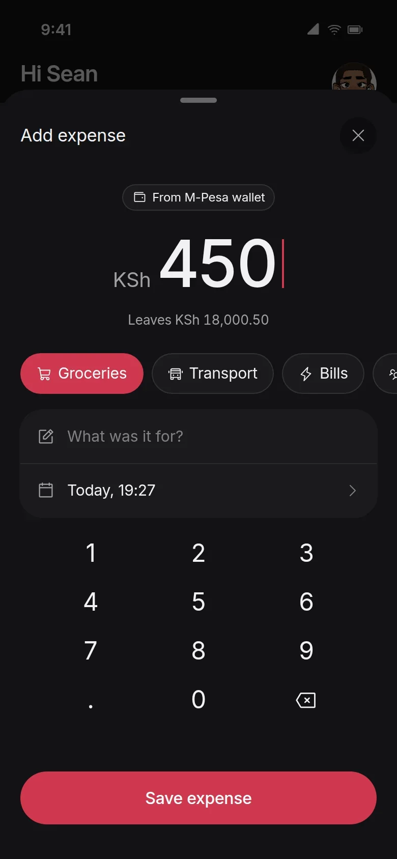 The add expense sheet in the dark theme, with KSh 450 entered, Groceries selected, a note field and a number keypad.