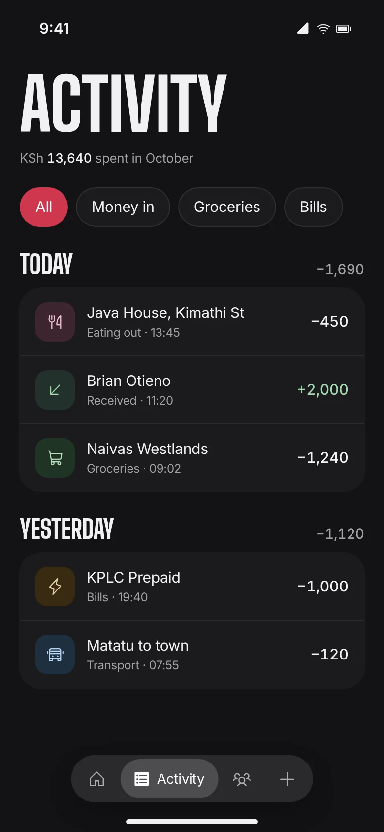 The activity screen in the dark theme, with KSh 13,640 spent in October, category filters and transactions by day.