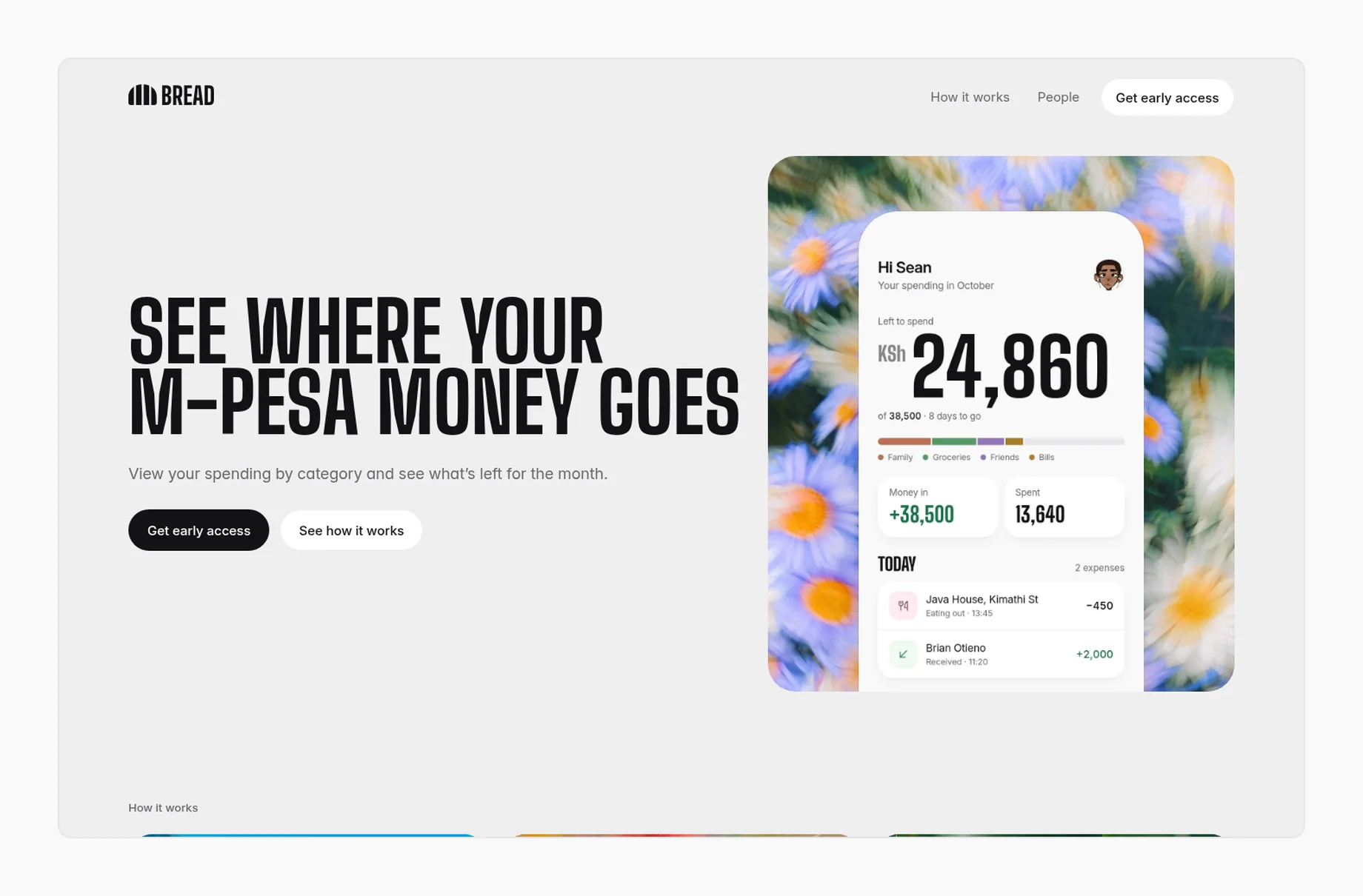 The bread website on desktop: the headline See where your M-Pesa money goes, early access buttons and a phone screen.
