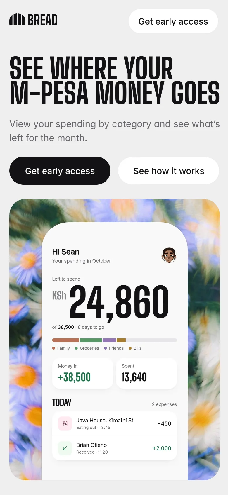 The bread website on a phone in the light theme, with the headline, early access buttons and the app's home screen.