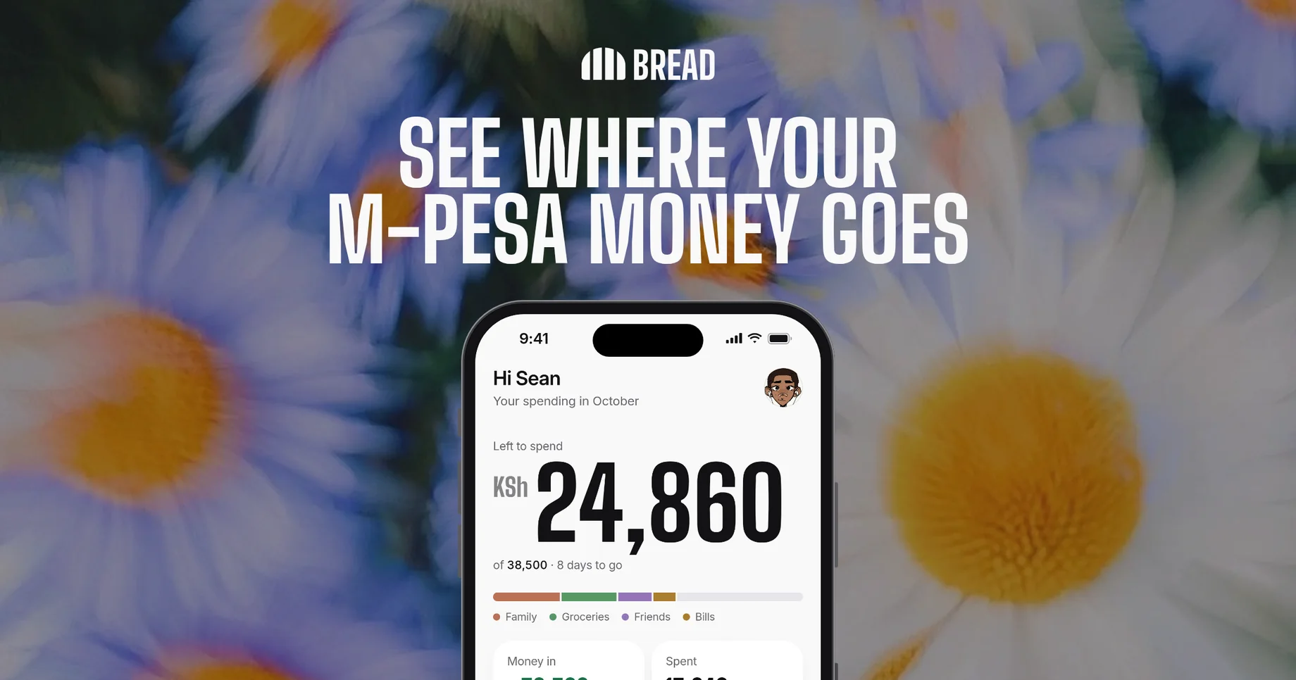 The bread link preview: the wordmark, See where your M-Pesa money goes, and a phone home screen over blurred daisies.